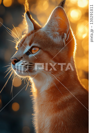 Caracal cat with striking ears and orange profile in exotic nature, sunlight, and bokeh background 130291811