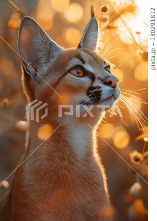 Caracal cat with striking fur and whiskers, elegant in nature at sunset with bokeh background 130291812