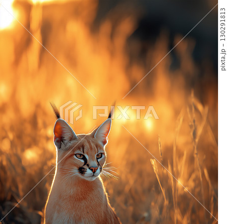 Majestic caracal cat with tall ears sitting in golden grass at sunset 130291813