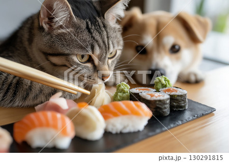 Tabby cat and Akita dog dining with chopsticks and sushi rolls, including salmon and fish apps 130291815