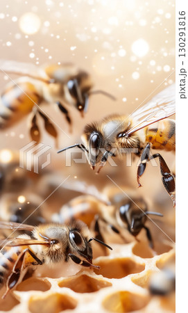 Honey bee on a hive during pollination in an apiary, showcasing the beauty of nature 130291816