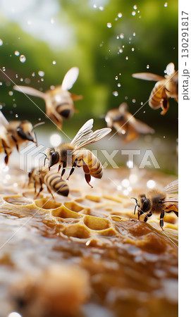 Honeybees Buzzing Around Honeycombs in Nature: Perfect Image for Wildlife Enthusiasts 130291817