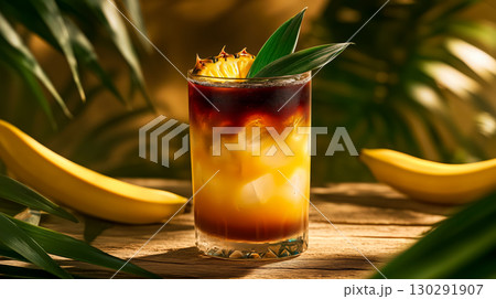Jungle bird cocktail in tall glass with visible dark rum and juice layers, topped with pineapple slice and green tropical leaf, served on rustic wooden table with bananas and palm leaves background 130291907