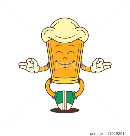 Cartoon Beer Glass Mascot Meditating With Closed Eyes In Lotus Pose With Foamy Head Vector Illustration Cartoon Beer Glass Mascot Meditating With Closed Eyes In Lotus Pose With Foamy Head Vector Illustration 130292014