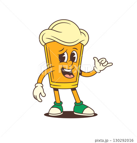 Cheerful Cartoon Beer Glass Mascot Showing Hang Loose Hand Gesture With Foam Head Vector Illustration 130292016