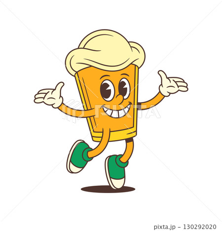 Joyful Cartoon Beer Glass Mascot With Foam Head Jumping With Open Arms Vector Illustration 130292020