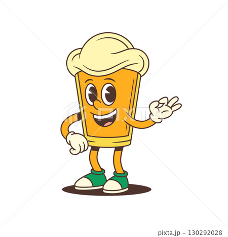 Smiling Cartoon Beer Glass Mascot Cheerfully Showing Ok Hand Sign With Foam Head Vector Illustration 130292028