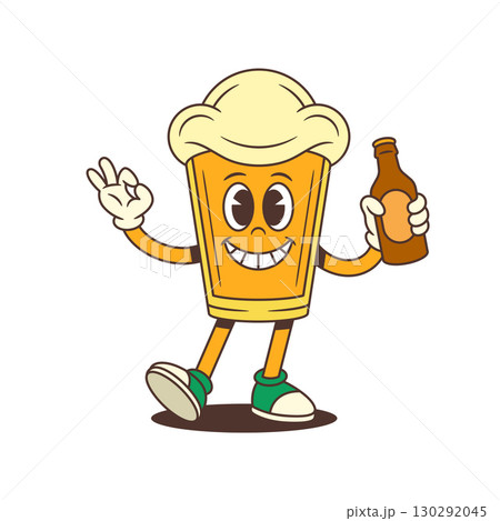 Funny Beer Glass Mascot Holding Bottle And Showing Ok Sign With Foamy Head Vector Illustration 130292045