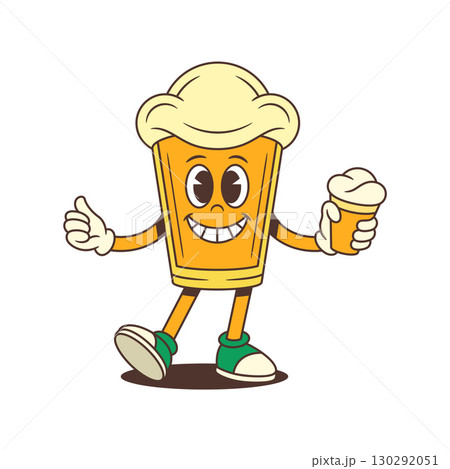 Cheerful Cartoon Beer Glass Mascot Holding Beer Glass Smiling And Showing Thumbs Up Gesture 130292051