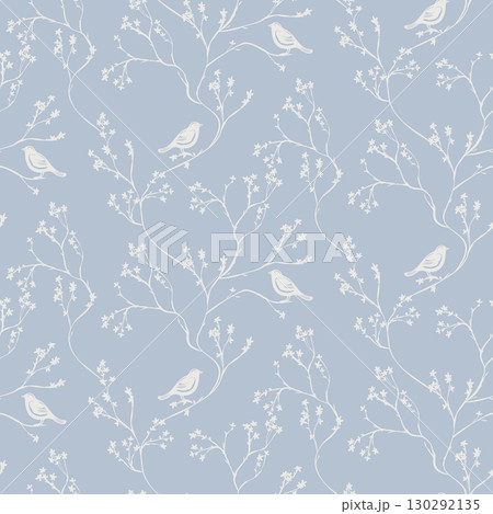 Floral seamless pattern with birds. Branch with leaves ornamental texture. Flourish nature summer garden textured background Floral seamless pattern with birds. Branch with leaves ornamental texture. Flourish nature summer garden textured background 130292135