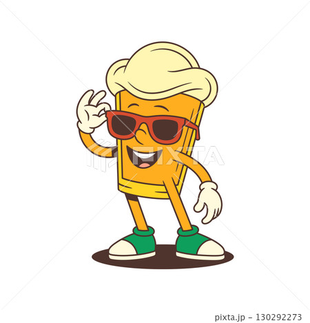 Cool Cartoon Beer Glass Character Adjusting Sunglasses With Hand And Smiling Expression 130292273