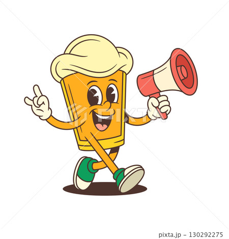 Happy Cartoon Beer Glass Character Walking With Megaphone And Rock Gesture Hand Vector Illustration 130292275