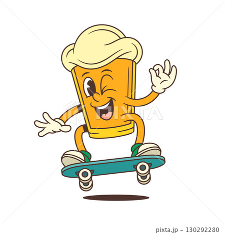 Smiling Cartoon Beer Glass Character Jumping On Skateboard And Winking With Ok Gesture 130292280