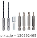 set of drill bits and screwdriver bits, on a white background 130292465