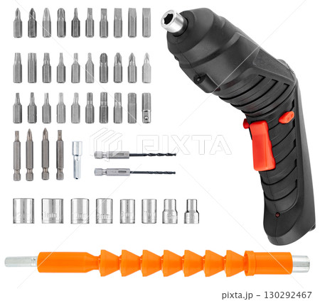 Cordless electric screwdriver with a set of drill bits and bits, on a white background 130292467