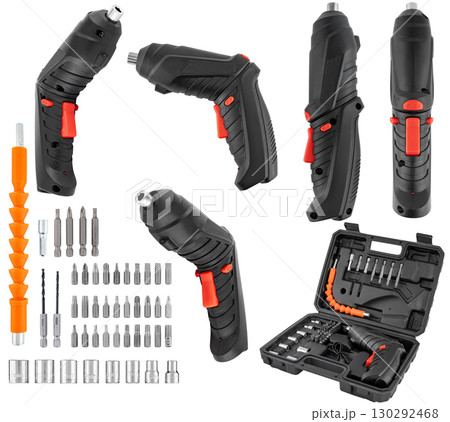 Cordless electric screwdriver with an ergonomic handle, convenient switch, and a set of bits. On a white background. Cordless electric screwdriver with an ergonomic handle, convenient switch, and a set of bits. On a white background. 130292468