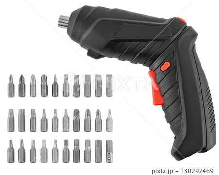 Cordless screwdriver in a plastic case with non-slip inserts. On a white background in insulation. Cordless screwdriver in a plastic case with non-slip inserts. On a white background in insulation. 130292469