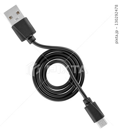 Black cable with micro USB and USB connectors, on a white background Black cable with micro USB and USB connectors, on a white background 130292478
