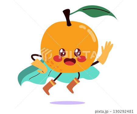 Cute Orange Character Wearing A Cape And Flying Isolated On White Background Cute Orange Character Wearing A Cape And Flying Isolated On White Background 130292481