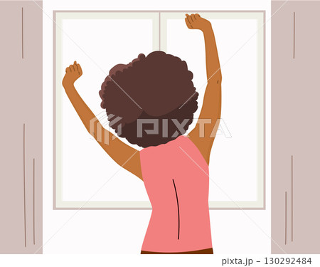 Beautiful Woman Stretching At Window Back View Relaxed Good Morning Concept Vector Illustration 130292484