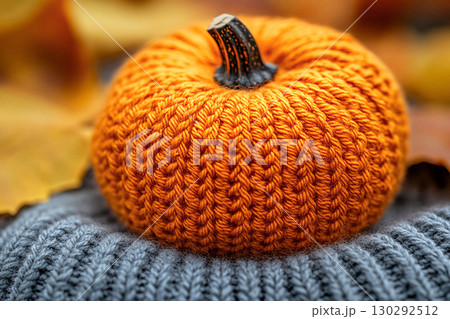 Autumn atmosphere. Crochet details of pumpkin pattern on a modern garment. Autumn atmosphere in clothes. Trending in fashion. 130292512