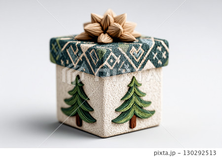 Packaging design. Christmas Gift Box on white background. Holiday-themed present. Christmas traditions and seasonal joy. 130292513