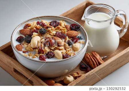 Wooden board. Top view of a tray of muesli in nuts on a bowl and milk jug on a white background. Classic breakfast. 130292532