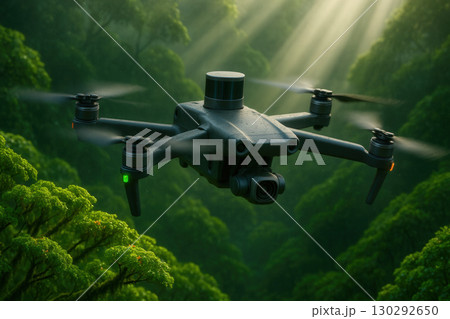 Survey Drone With Lidar Above Lush Rainforest Canopy In Sun Rays Survey Drone With Lidar Above Lush Rainforest Canopy In Sun Rays 130292650