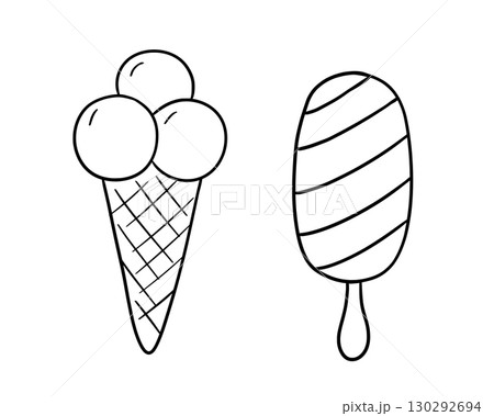 Ice cream hand drawn sketch for cafe, card, birthday card decoration. Waffle cone. Vector food illustration Ice cream hand drawn sketch for cafe, card, birthday card decoration. Waffle cone. Vector food illustration 130292694