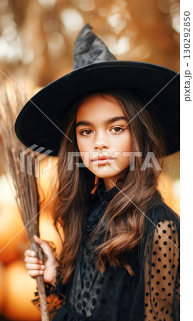 Young girl wearing a black witch hat holds a broomstick, surrounded by autumn pumpkins, embodying the enchanting spirit of Halloween festivities 130292850