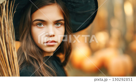 Young girl wearing a witch hat holds a broomstick, surrounded by pumpkins in a magical autumn forest, embodying the Halloween spirit and charm 130292851