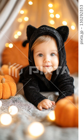 Adorable baby in black cat costume is playing among pumpkins and fairy lights, capturing the joyful spirit of Halloween celebrations 130292853