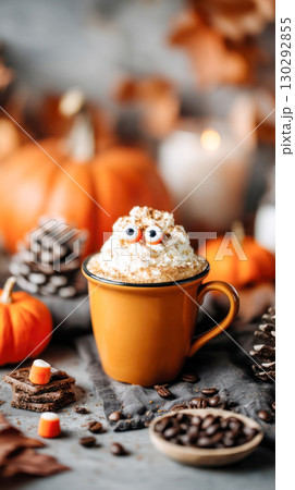 Whimsical Halloween-themed hot beverage in an orange mug, topped with fluffy cream and candy eyes, surrounded by autumn decorations and pumpkins 130292855