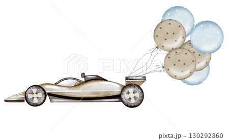 Race car watercolor illustration. Race car in pastel colors with balloons on a white background. Ideal for children's textiles, stickers and baby shower design for boys Race car watercolor illustration. Race car in pastel colors with balloons on a white background. Ideal for children's textiles, stickers and baby shower design for boys 130292860