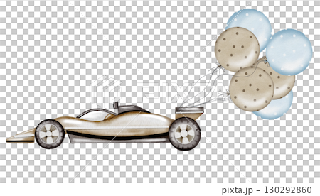 Race car watercolor illustration. Race car in pastel colors with balloons on a white background. Ideal for children's textiles, stickers and baby shower design for boys Race car watercolor illustration. Race car in pastel colors with balloons on a white background. Ideal for children's textiles, stickers and baby shower design for boys 130292860