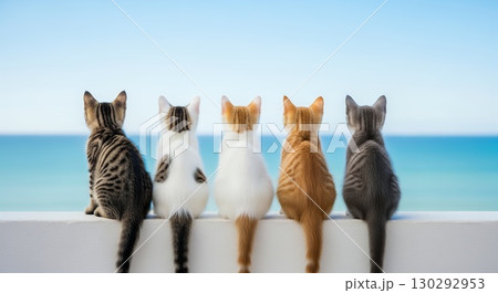 色とりどりの子猫が並んでお座り、ペット好きにはたまらない一枚 130292953