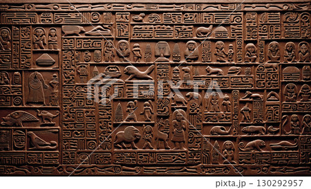 古代の象形文字とレリーフが刻まれた石板 130292957
