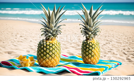 ビーチのタオルに置かれた2つの新鮮なパイナップル ビーチのタオルに置かれた2つの新鮮なパイナップル 130292965