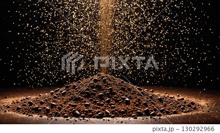 降り注ぐ金色の粉と積み重なるコーヒー豆の山 降り注ぐ金色の粉と積み重なるコーヒー豆の山 130292966