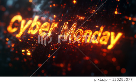 Glowing Cyber Monday text, illuminated against a dark backdrop, emphasizing a digital shopping theme 130293077