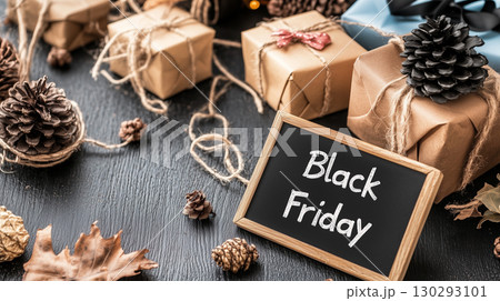White sign "Black Friday" written on a blackboard stands on a table with a bunch of paper wrapped presents, pine cones and autumn leaves 130293101
