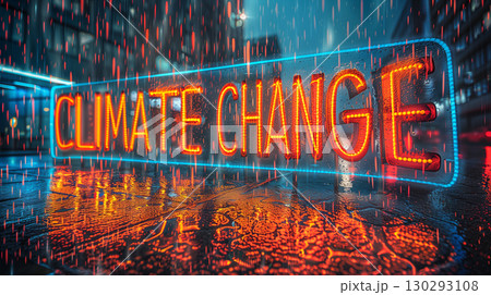 Flood danger: illuminated climate change sign during heavy rain against city street background Flood danger: illuminated climate change sign during heavy rain against city street background 130293108