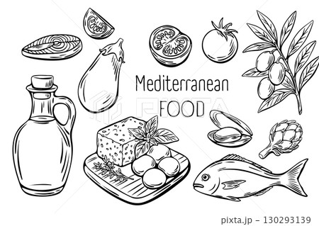 Black and white Mediterranean food sketch vector illustration 130293139