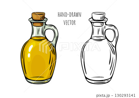 Olive oil bottle in color and engraved outline version 130293141