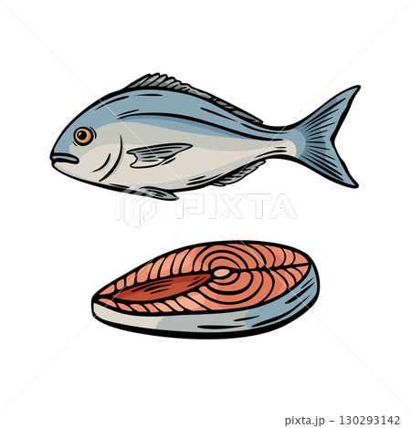 Fish and fillet steak Mediterranean food sketch illustration 130293142