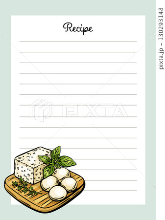 Editable recipe card template with Mediterranean cheese sketch 130293148