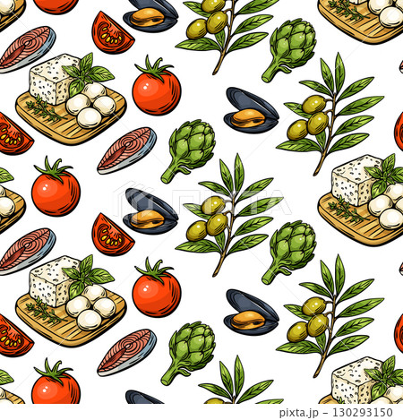 Mediterranean seamless food pattern with cheese fish olives tomato 130293150