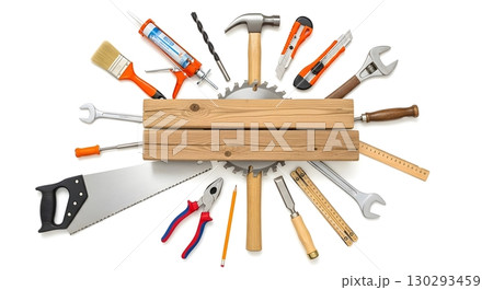 set of tools and instruments on wooden 130293459