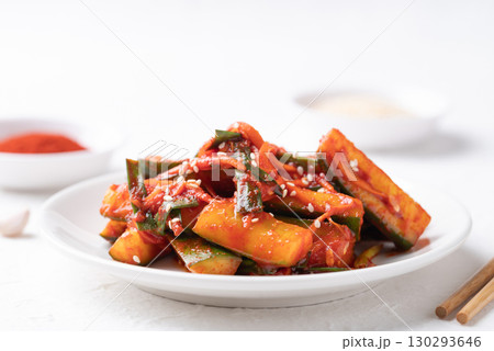 Korean kimchi cucumber on white background, Korean side dish, Homemade food Korean kimchi cucumber on white background, Korean side dish, Homemade food 130293646