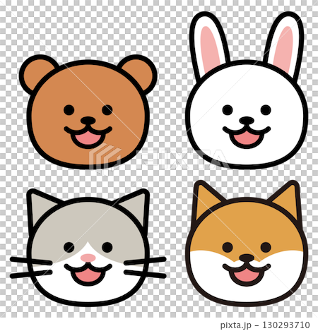 Simple illustrations of bear, rabbit, cat, and Shiba Inu faces 130293710